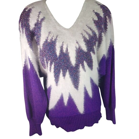 Vintage 80s Hollywood Luxury Purple Metallic White Angora Pearls Sweater M - Picture 2 of 16